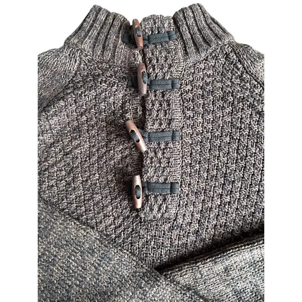 JB Holt Medium Pullover Men’s Knit Sweater Gray Cream 1/4 Toggle Kangaroo Pocket